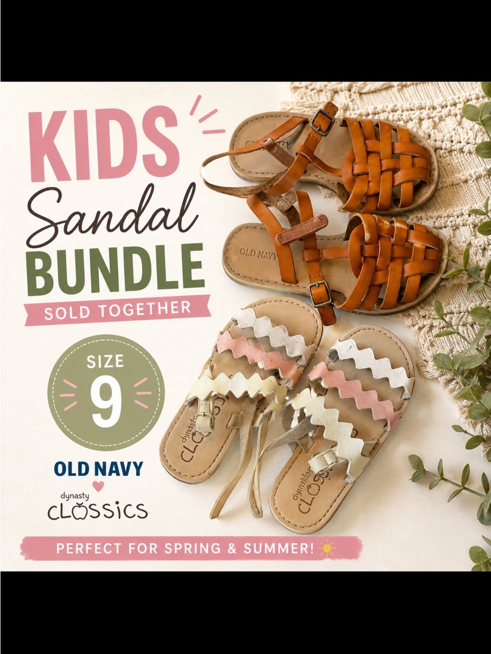 Old Navy Kids Sandal Bundle - Tan Leather & Pink/White Wavy Straps